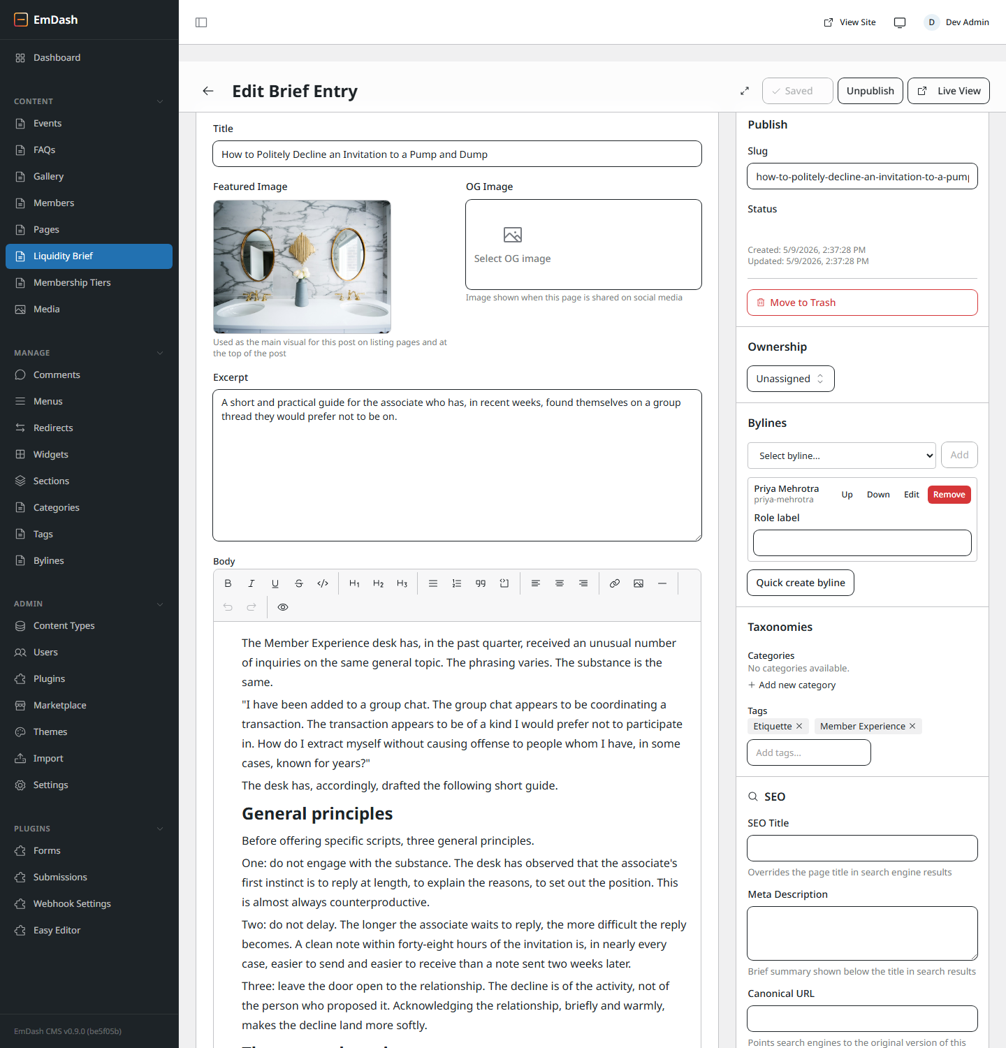 Editing a Brief Entry — title, featured image, excerpt, body, and right-rail panels for Publish, Ownership, Bylines, Taxonomies, SEO