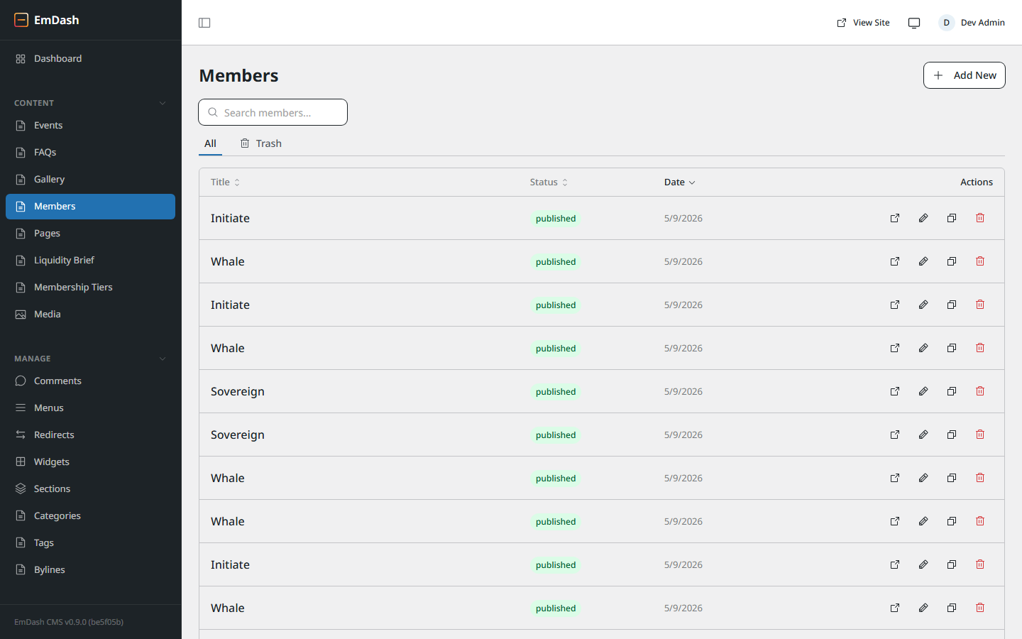 Members list view in the admin
