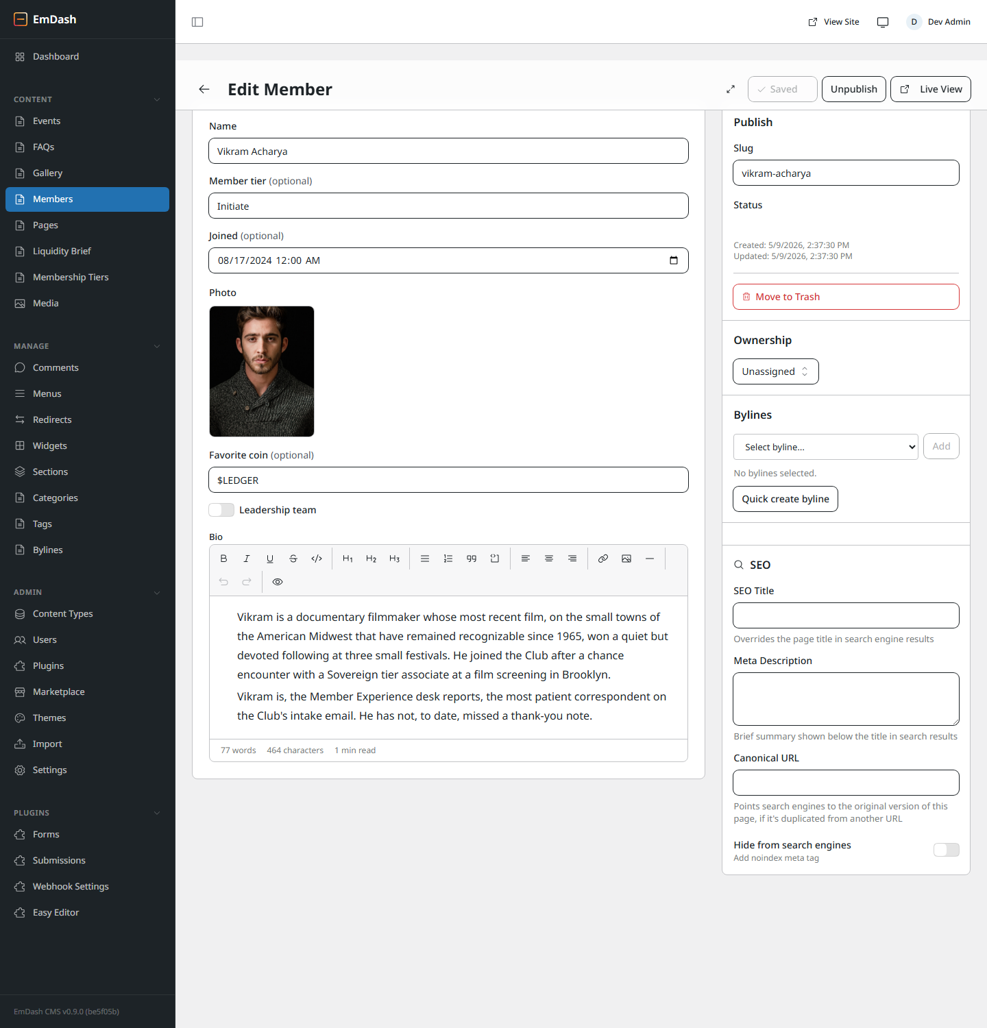 Editing a single member — name, photo, bio fields